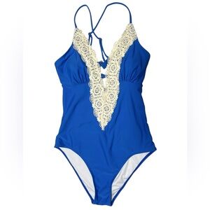 Cupshe Blue One Piece Swimsuit Boho Lace Plunge Size Medium Bathing Suit